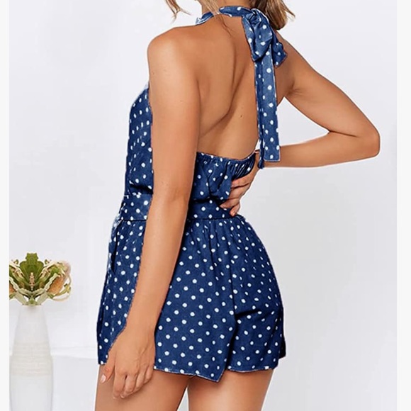 Navy Blue Halter Romper with Polka Dots Size Small - Picture 3 of 6